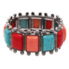 Cowgirl Chic Burnished Silver Tone Colorful Rectangular Semi Precious Stone Howlite Statement Western Stretch Bracelet, 7" (Multi Red Orange Turquoise)