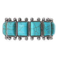 Cowgirl Chic Burnished Silver Tone Colorful Rectangular Semi Precious Stone Howlite Statement Western Stretch Bracelet, 7" (Turquoise Blue)