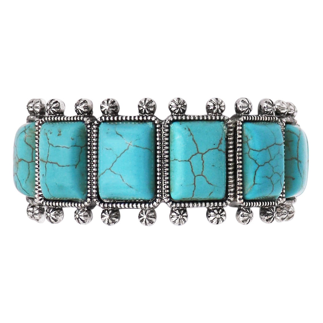 Cowgirl Chic Burnished Silver Tone Colorful Rectangular Semi Precious Stone Howlite Statement Western Stretch Bracelet, 7" (Turquoise Blue)