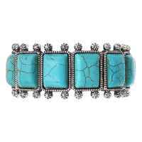 Cowgirl Chic Burnished Silver Tone Colorful Rectangular Semi Precious Stone Howlite Statement Western Stretch Bracelet, 7" (Turquoise Blue)
