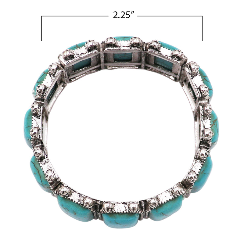 Cowgirl Chic Burnished Silver Tone Colorful Rectangular Semi Precious Stone Howlite Statement Western Stretch Bracelet, 7" (Turquoise Blue)