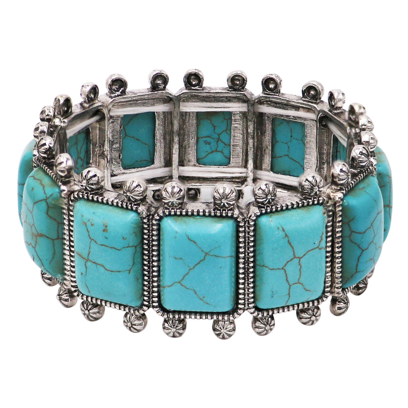 Cowgirl Chic Burnished Silver Tone Colorful Rectangular Semi Precious Stone Howlite Statement Western Stretch Bracelet, 7" (Turquoise Blue)