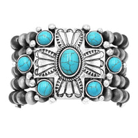 Cowgirl Chic Statement Western Cross With Turquoise Howlite Semi Precious Stone Burnished Silver Tone Beaded Stretch Bracelet, 7"