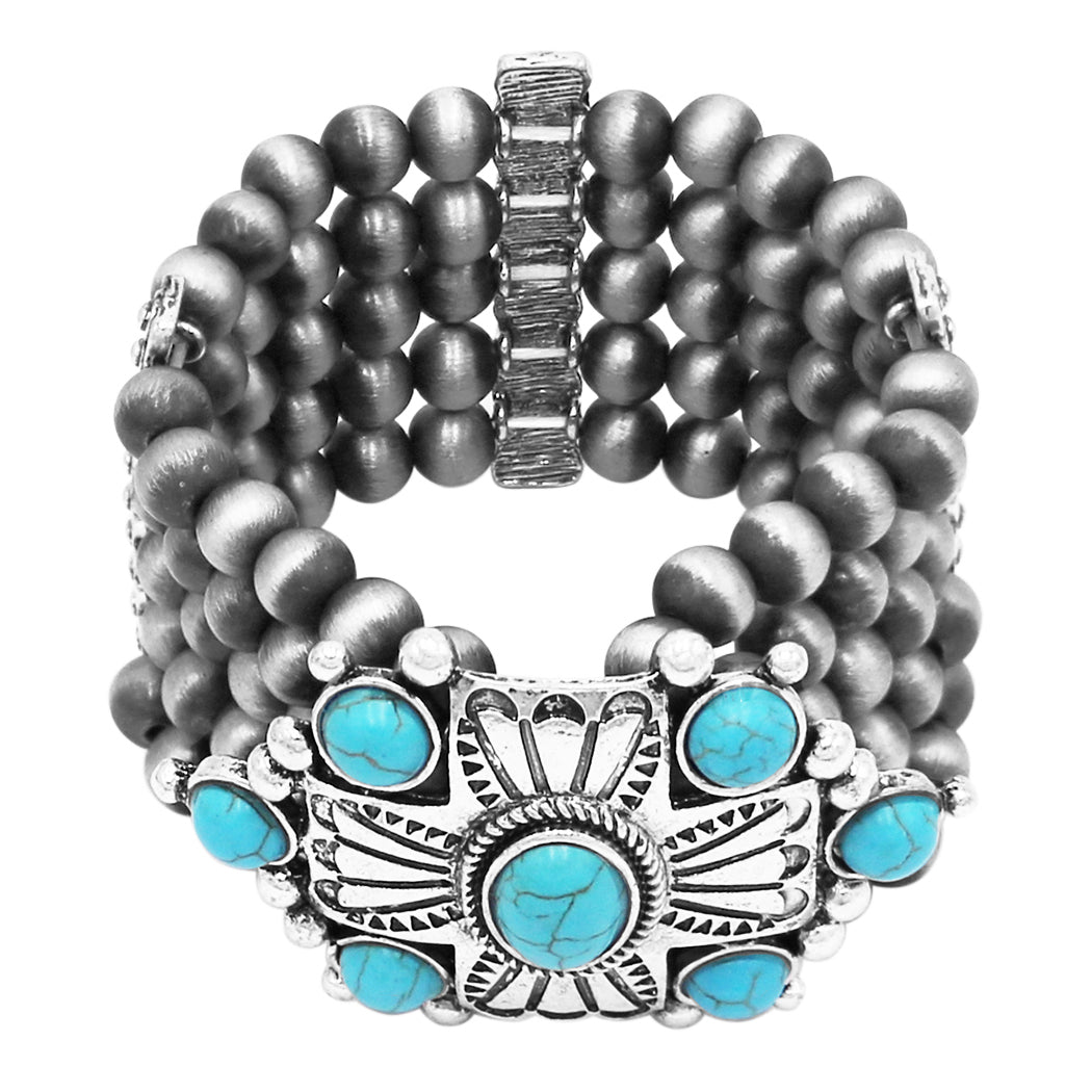 Cowgirl Chic Statement Western Cross With Turquoise Howlite Semi Precious Stone Burnished Silver Tone Beaded Stretch Bracelet, 7"