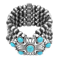 Cowgirl Chic Statement Western Cross With Turquoise Howlite Semi Precious Stone Burnished Silver Tone Beaded Stretch Bracelet, 7"