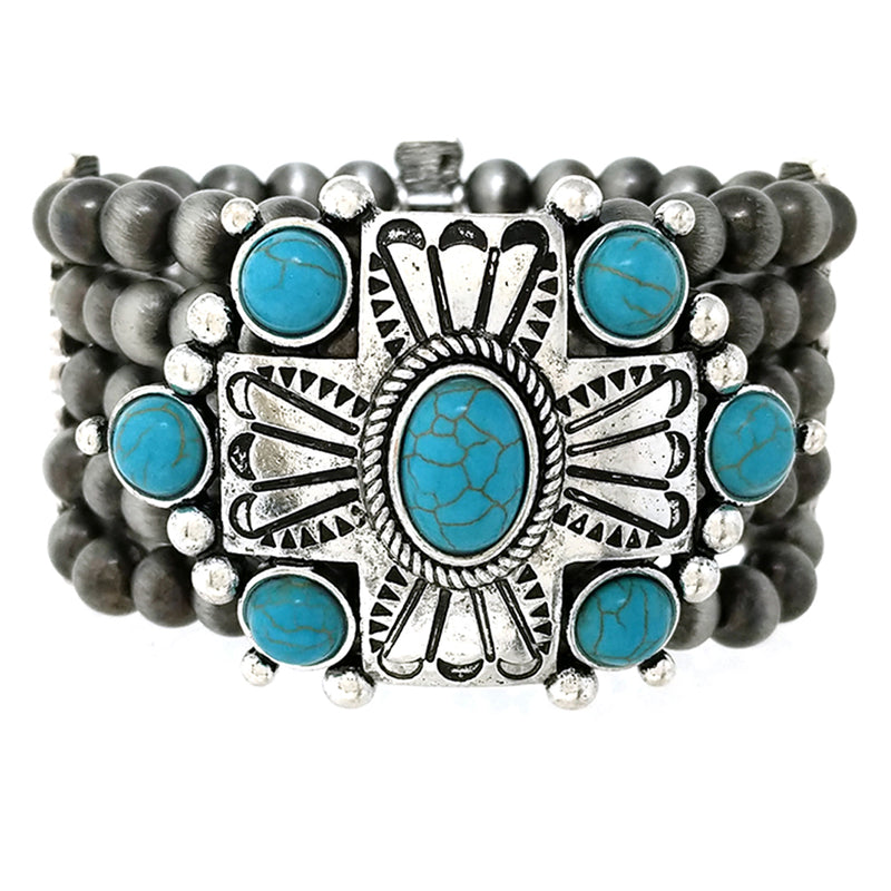 Cowgirl Chic Statement Western Cross With Turquoise Howlite Semi Precious Stone Burnished Silver Tone Beaded Stretch Bracelet, 7"