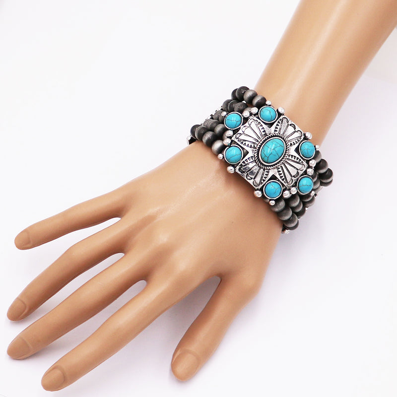 Cowgirl Chic Statement Western Cross With Turquoise Howlite Semi Precious Stone Burnished Silver Tone Beaded Stretch Bracelet, 7"