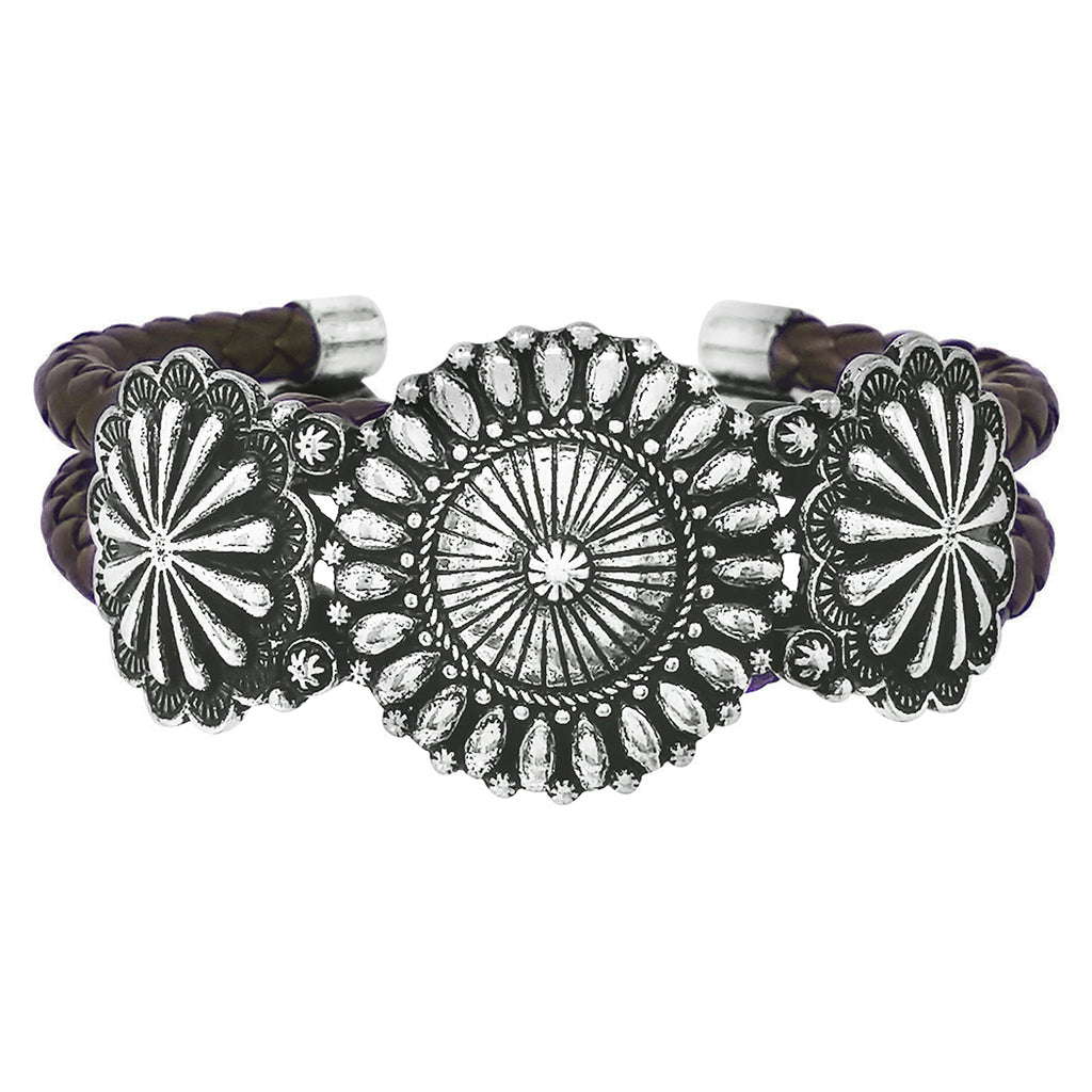 Cowgirl Chic Western Style Burnished Silver Tone Conchos On Open Cuff Bracelet, 7" (Braided Vegan Leather Band)