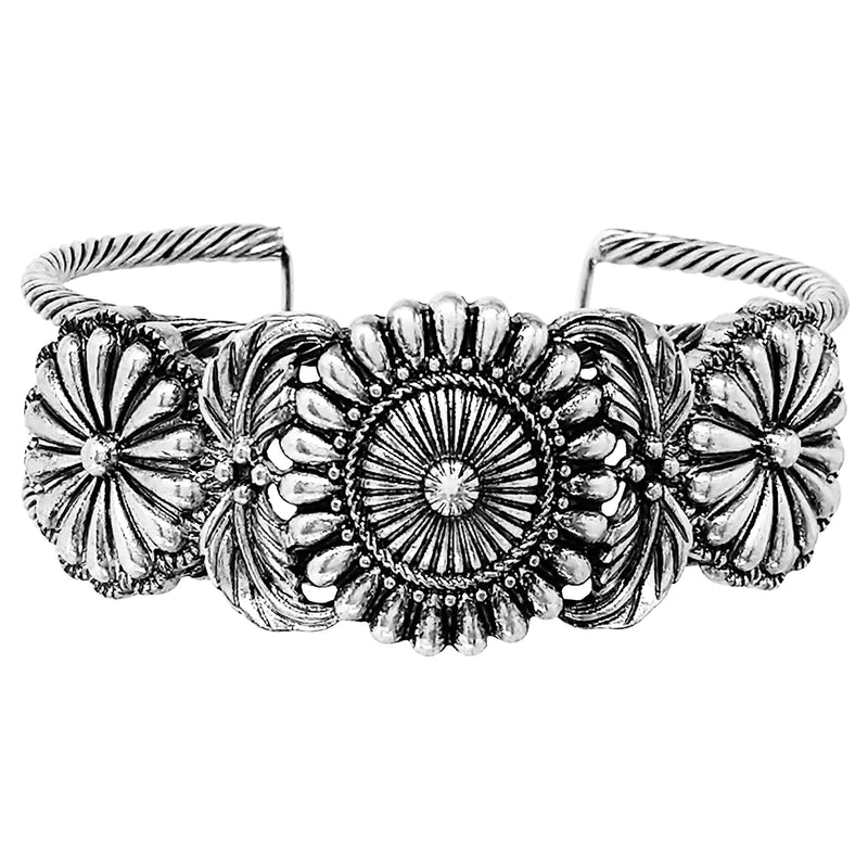 Cowgirl Chic Western Style Burnished Silver Tone Conchos On Open Cuff Bracelet, 7" (Twisted Silver Tone Band)