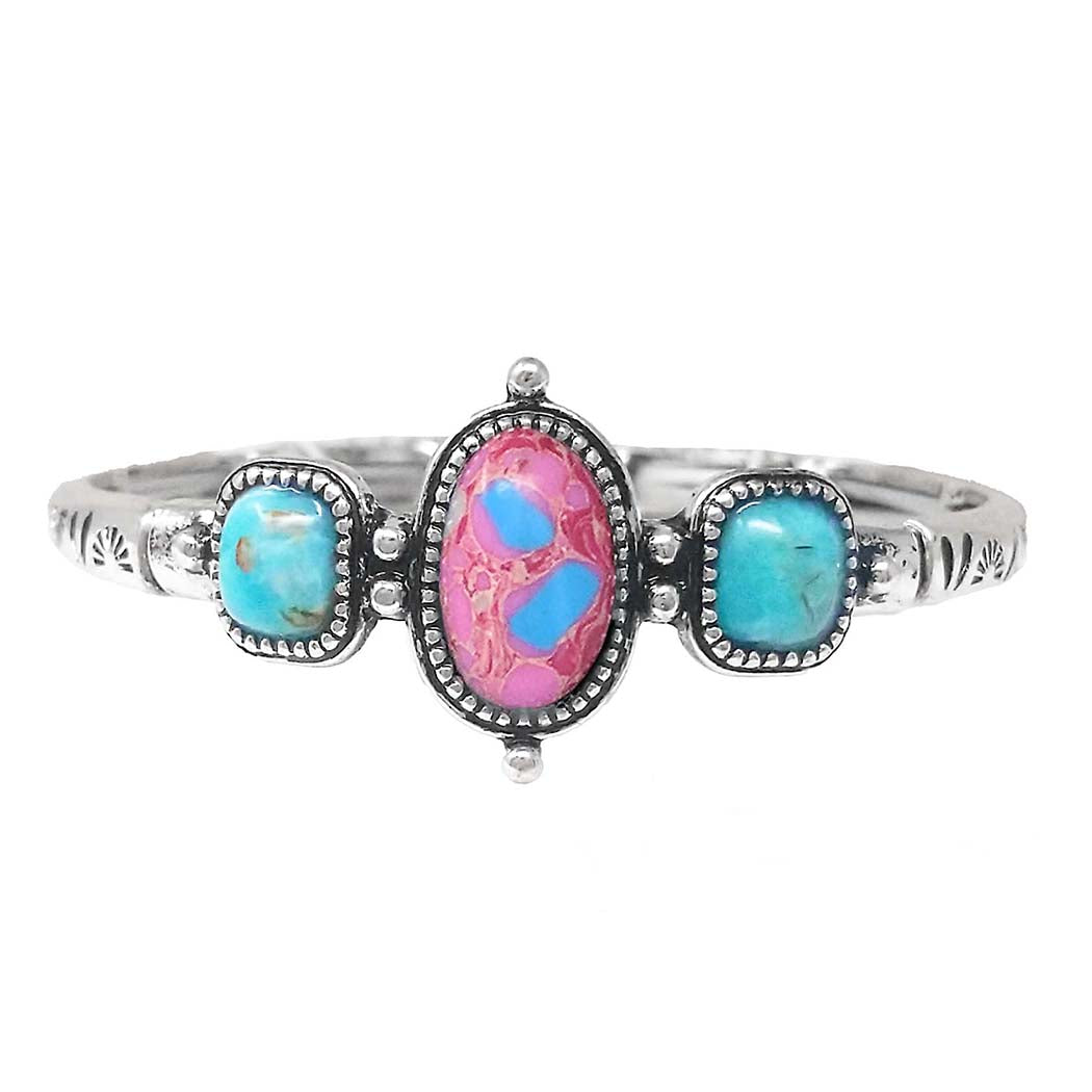 Western Style Silver Tone Turquoise Howlite Statement Stretch Bangle Bracelet, 7.25 (Pink and Blue, Pink, Turquoise Blue, Multi-color)