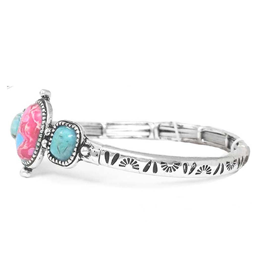 Western Style Silver Tone Turquoise Howlite Statement Stretch Bangle Bracelet, 7.25 (Pink and Blue, Pink, Turquoise Blue, Multi-color)