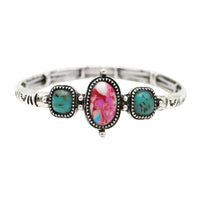 Western Style Silver Tone Turquoise Howlite Statement Stretch Bangle Bracelet, 7.25 (Pink and Blue, Pink, Turquoise Blue, Multi-color)