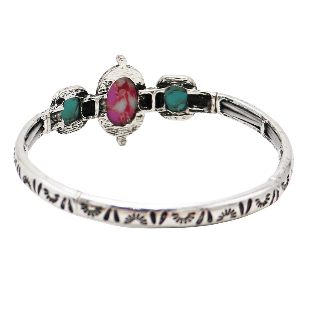 Western Style Silver Tone Turquoise Howlite Statement Stretch Bangle Bracelet, 7.25 (Pink and Blue, Pink, Turquoise Blue, Multi-color)