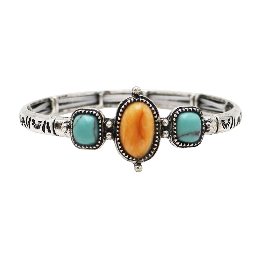 Western Style Silver Tone Turquoise Howlite Statement Stretch Bangle Bracelet, 7.25 (Buttery Yellow and Blue, Pink, Turquoise Blue, Multi-color)