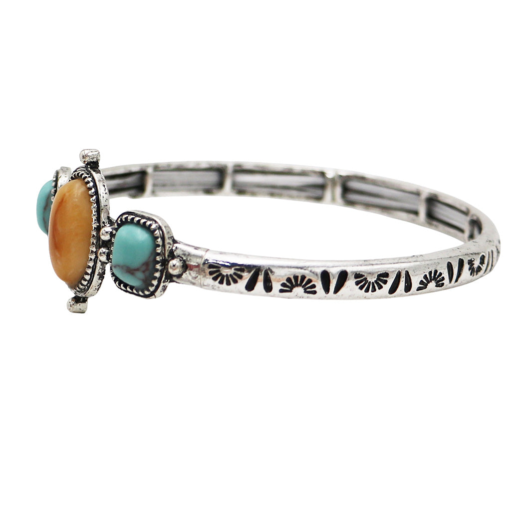 Western Style Silver Tone Turquoise Howlite Statement Stretch Bangle Bracelet, 7.25 (Buttery Yellow and Blue, Pink, Turquoise Blue, Multi-color)