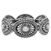 Western Style Statement Concho Stretch Bangle Bracelet, 7" (Silver Tone, Oval Concho)