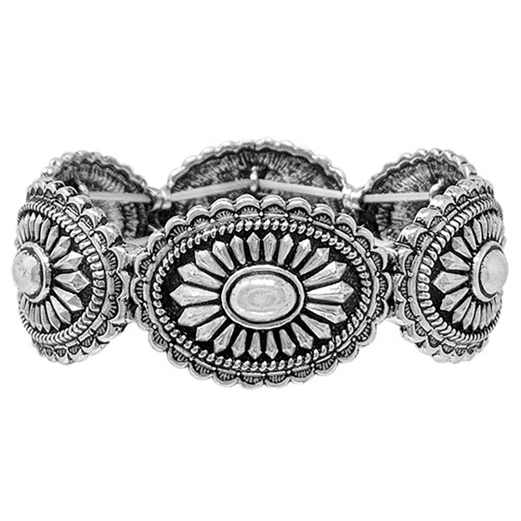 Western Style Statement Concho Stretch Bangle Bracelet, 7" (Silver Tone, Oval Concho)