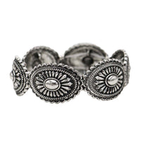 Western Style Statement Concho Stretch Bangle Bracelet, 7" (Silver Tone, Oval Concho)
