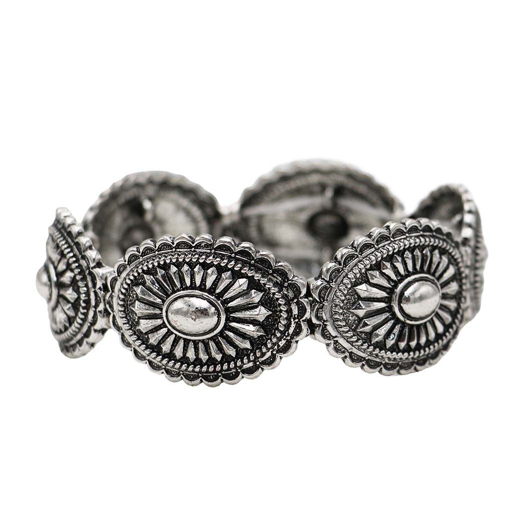 Western Style Statement Concho Stretch Bangle Bracelet, 7" (Silver Tone, Oval Concho)
