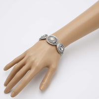 Western Style Statement Concho Stretch Bangle Bracelet, 7" (Silver Tone, Oval Concho)
