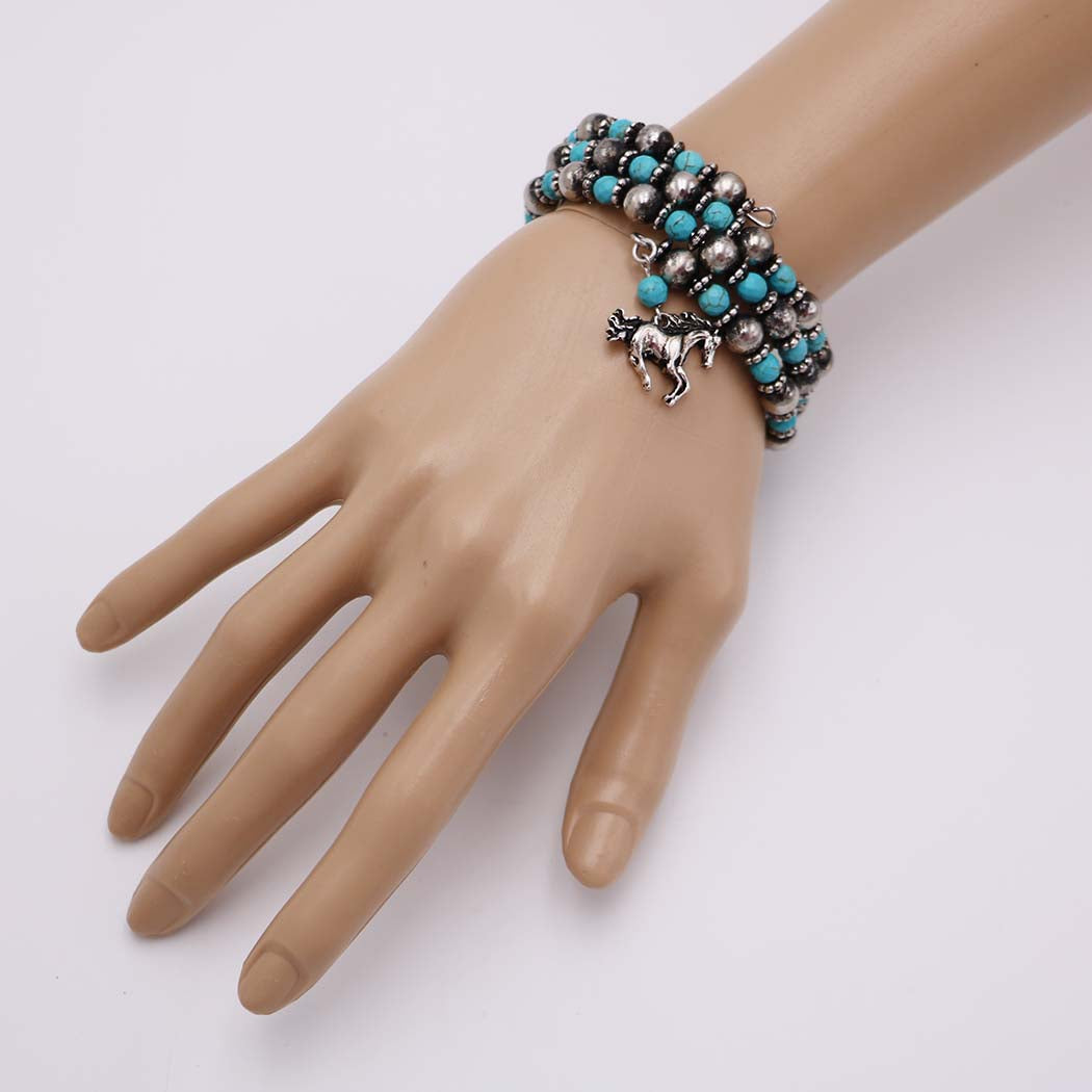 Western Silver Tone Navajo Pearl and Turquoise Beads Horse Charm 3-Layer Coil Wrap Cuff Bracelet Adjustable to Fit