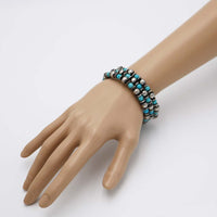 Western Silver Tone Navajo Pearl and Turquoise Beads Horse Charm 3-Layer Coil Wrap Cuff Bracelet Adjustable to Fit