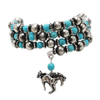Western Silver Tone Navajo Pearl and Turquoise Beads Horse Charm 3-Layer Coil Wrap Cuff Bracelet Adjustable to Fit