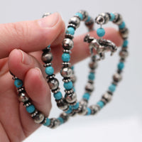 Western Silver Tone Navajo Pearl and Turquoise Beads Horse Charm 3-Layer Coil Wrap Cuff Bracelet Adjustable to Fit