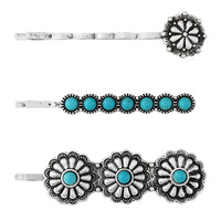 Cowgirl Chic Western Style Conchos Turquoise Howlite Stone Set Of 3 Hair Clip Bobby Pin Barrettes (Turquoise Howlite With Conchos)