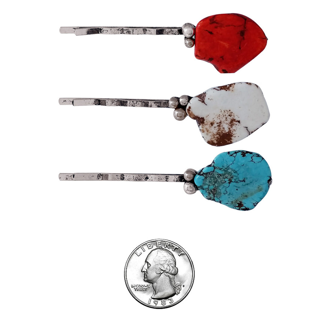 Cowgirl Chic Western Style Conchos Turquoise Howlite Stone Set Of 3 Hair Clip Bobby Pin Barrettes (Large Red Turquoise And Natural Howlite Stones)