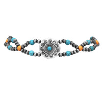 Cowgirl Chic Western Hat Band With Burnished Silver Tone Concho Orange And Turquoise Howlite Stone Beads With Vegan Leather Cord, 38.5"