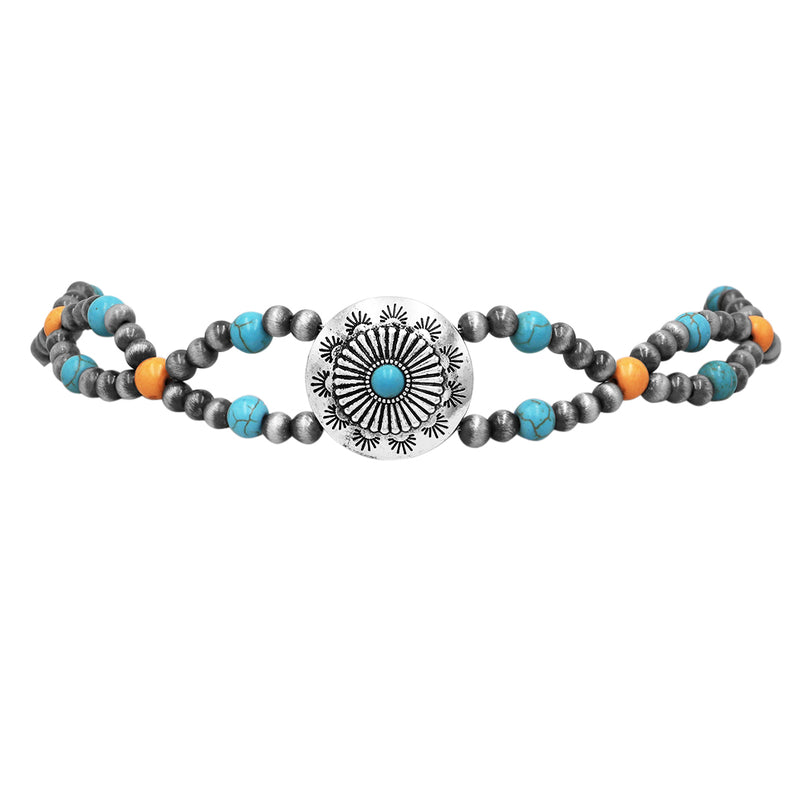 Cowgirl Chic Western Hat Band With Burnished Silver Tone Concho Orange And Turquoise Howlite Stone Beads With Vegan Leather Cord, 38.5"