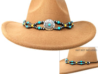 Cowgirl Chic Western Hat Band With Burnished Silver Tone Concho Orange And Turquoise Howlite Stone Beads With Vegan Leather Cord, 38.5"