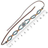 Cowgirl Chic Western Hat Band With Burnished Silver Tone Concho Orange And Turquoise Howlite Stone Beads With Vegan Leather Cord, 38.5"