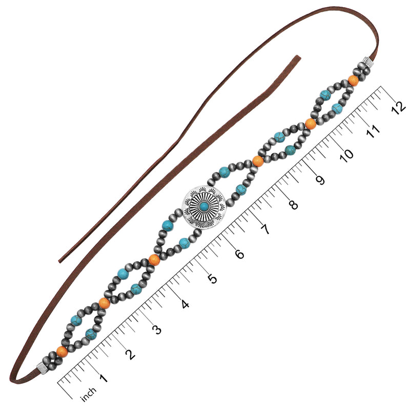 Cowgirl Chic Western Hat Band With Burnished Silver Tone Concho Orange And Turquoise Howlite Stone Beads With Vegan Leather Cord, 38.5"