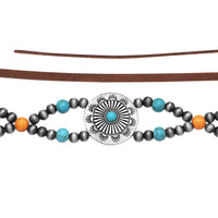 Cowgirl Chic Western Hat Band With Burnished Silver Tone Concho Orange And Turquoise Howlite Stone Beads With Vegan Leather Cord, 38.5"