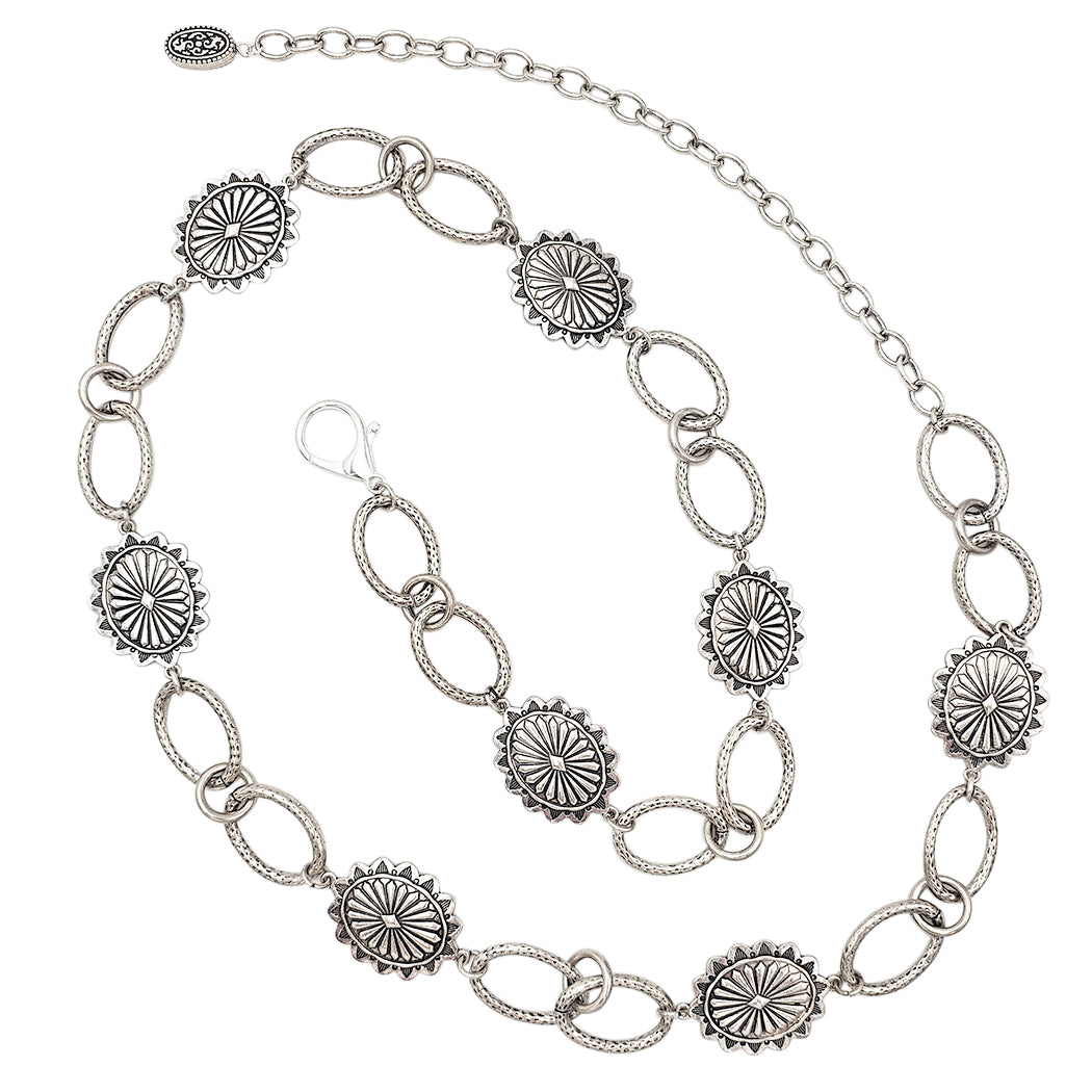 Cowgirl Chic Statement Western Burnished Silver Tone Conchos On Link Chain Plus Size Belt (9 Conchos, 50-60 Inches)