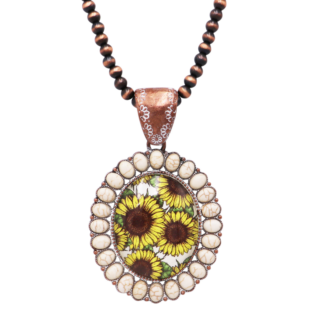 Vintage Style Western Glass Bubble Cabochon Statement Medallion Necklace, 24"+ 3" Extension (Sunflower Medallion Metallic Copper Beads)