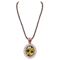 Vintage Style Western Glass Bubble Cabochon Statement Medallion Necklace, 24"+ 3" Extension (Sunflower Medallion Metallic Copper Beads)