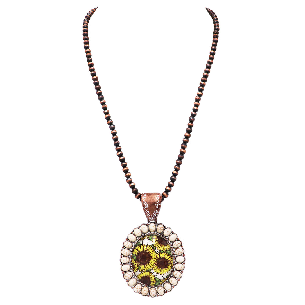 Vintage Style Western Glass Bubble Cabochon Statement Medallion Necklace, 24"+ 3" Extension (Sunflower Medallion Metallic Copper Beads)