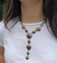 Women's Stunning Tri Toned Western Conchos With Semi Precious Turquoise Howlite Stone Y-Drop Collar Necklace, 17"+3" Extender