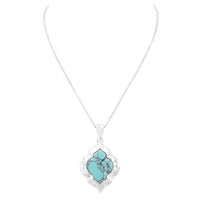 Women's Chic Western Style Hammered Silver Tone Quatrefoil With Natural Turquoise Howlite Stone (Pendant Necklace, 18"+ 3" Extender)