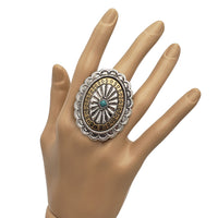 Western Style Two Tone Statement Concho With Natural Turquoise Howlite Stone Adjustable Ring, 2"