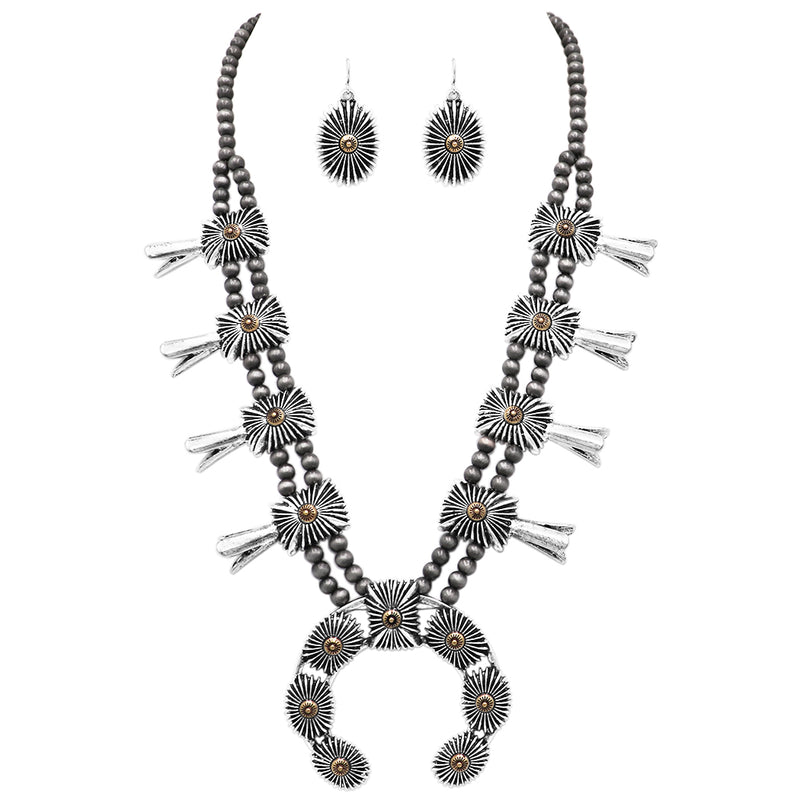 Cowgirl Chic Two Tone Western Burnished Metal Squash Blossom Metallic Pearl Necklace Earrings Set, 24"+3" Extender (Copper With Silver)