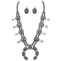 Cowgirl Chic Two Tone Western Burnished Metal Squash Blossom Metallic Pearl Necklace Earrings Set, 24"+3" Extender (Copper With Silver)