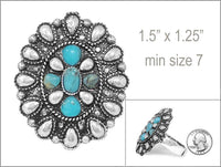 Western Statement Ring, Vintage Style Adjustable Stretch Rings Size 7.5-9 (Blue Concho 1.5")