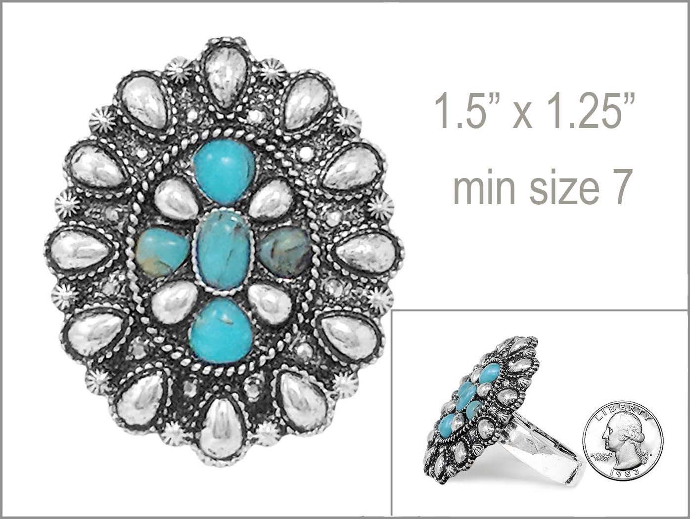 Western Statement Ring, Vintage Style Adjustable Stretch Rings Size 7.5-9 (Blue Concho 1.5")