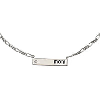 Dainty Sterling Silver Figaro Chain With Mom Engraved Bar Pendant And Cubic Zirconia Crystal Detail Gift Necklace, 16"+1.5" Extender