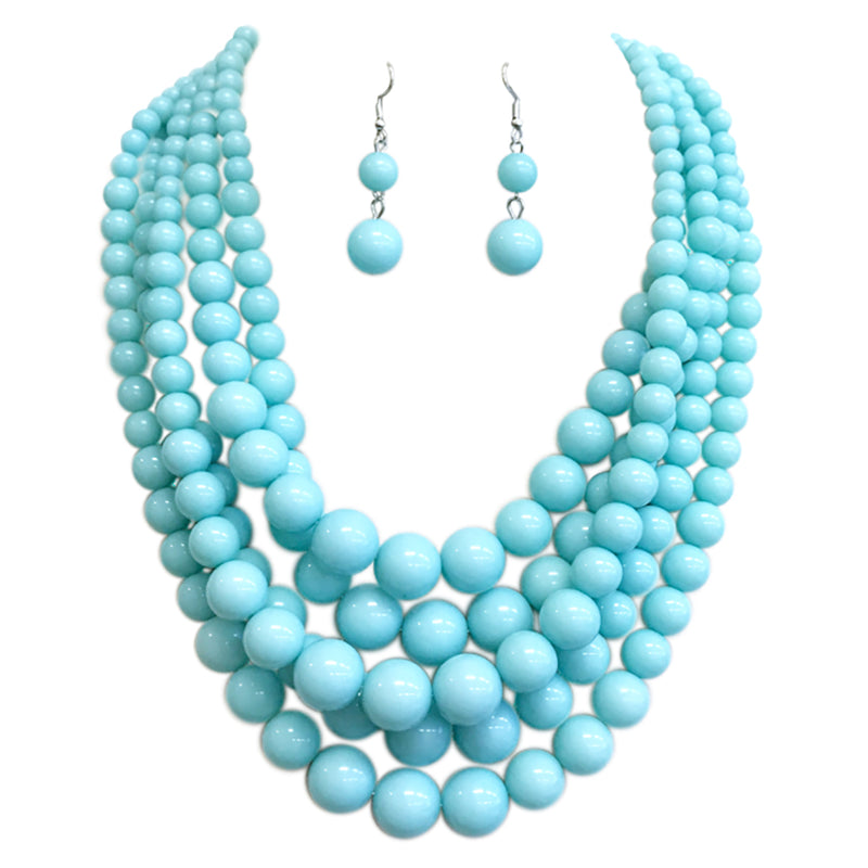 5 Colorful Multi Strands Simulated Pearl Bib Necklace And Earrings Jewelry Set, 16"+3" Extender