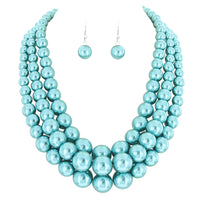 Women's 3 Colorful Multi Strands Simulated Pearl Necklace And Earrings Jewelry Gift Set, 18"+3" Extender